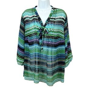Lane Bryant Green and Blue Striped Semi Sheer Tie-Neck Blouse